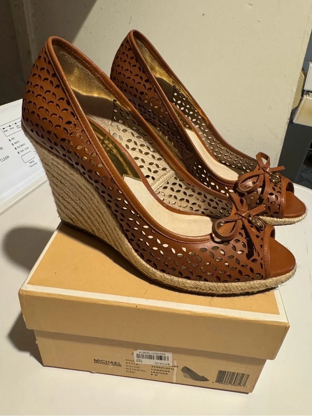 Michael Kors Cognac Perforated Leather Espadrille Wedge Peep-Toe